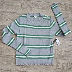 BP. Gray & Green Striped Ribbed Knit Lightweight Sweater with Lettuce Hem